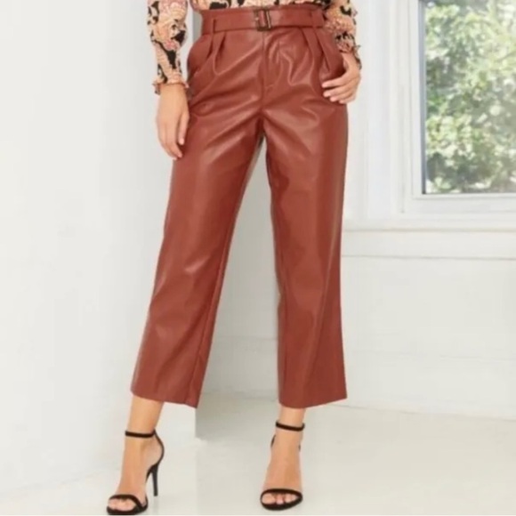 WHO WHAT WEAR ~ High-Rise Belted Pleated Faux Leather Pants ~Fired Brick ~Size 4 - Picture 3 of 9
